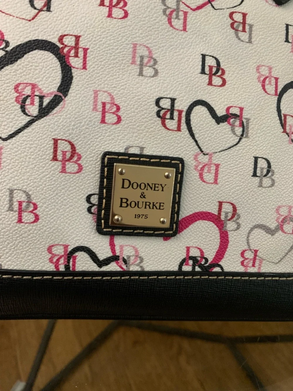 Dooney & Bourke White Satchel  Pink & Black Heart Print Leather 12”Long 9”Tall